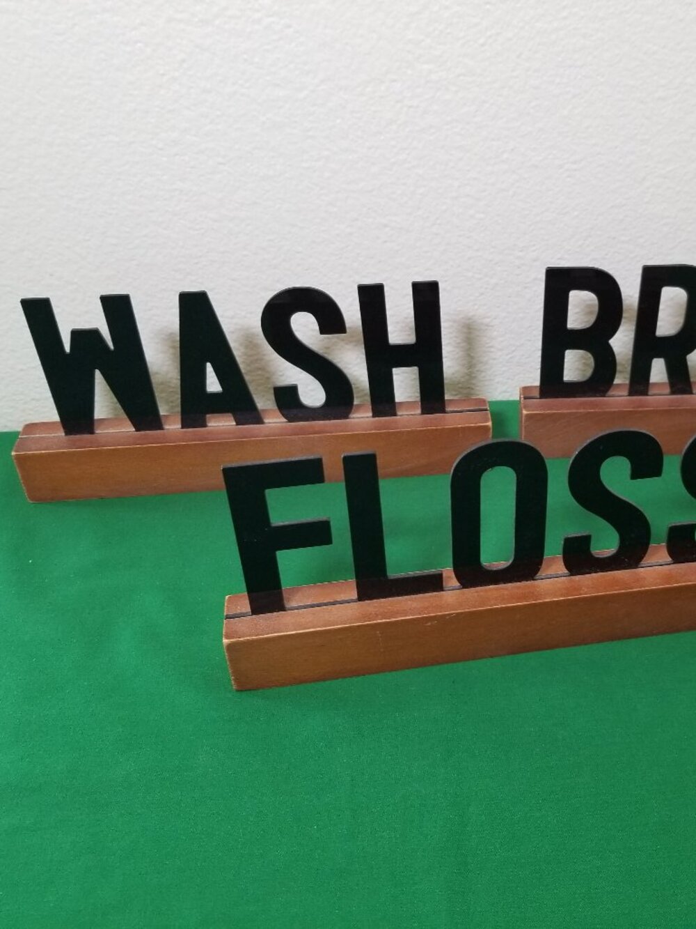 3pc Decorative Bathroom Metal & Wood Wall or Shelf Signs WASH BRUSH FLOSS